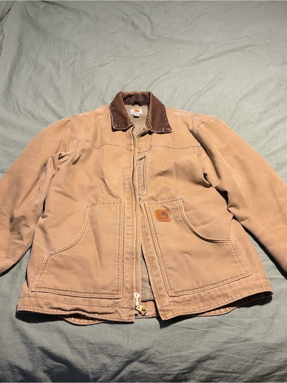 Carhartt Tan Jacket with Brown Corduroy Collar